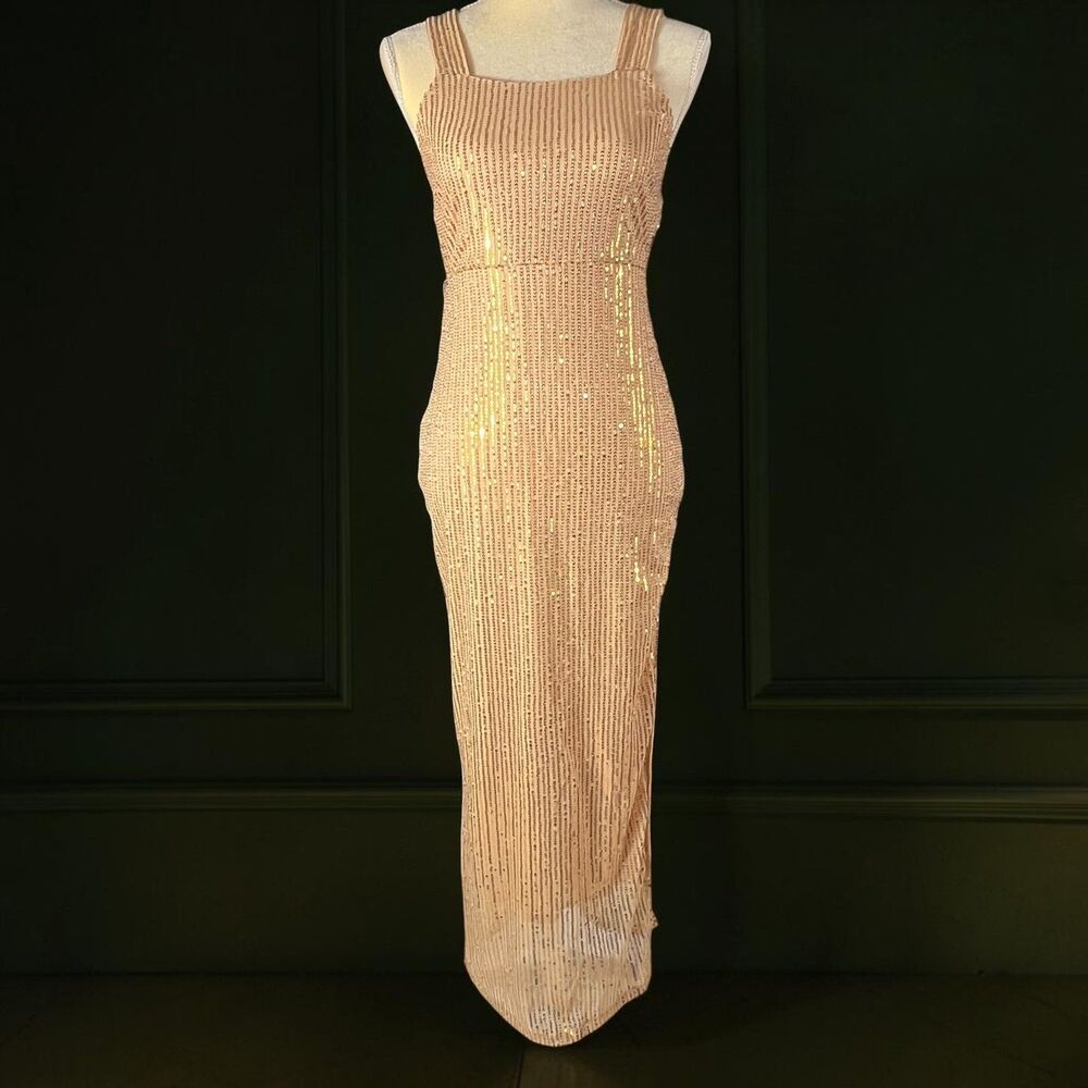 Gold Sequin Striped Maxi Dress Square Neck Side Slit Size Small Party Sparkle
